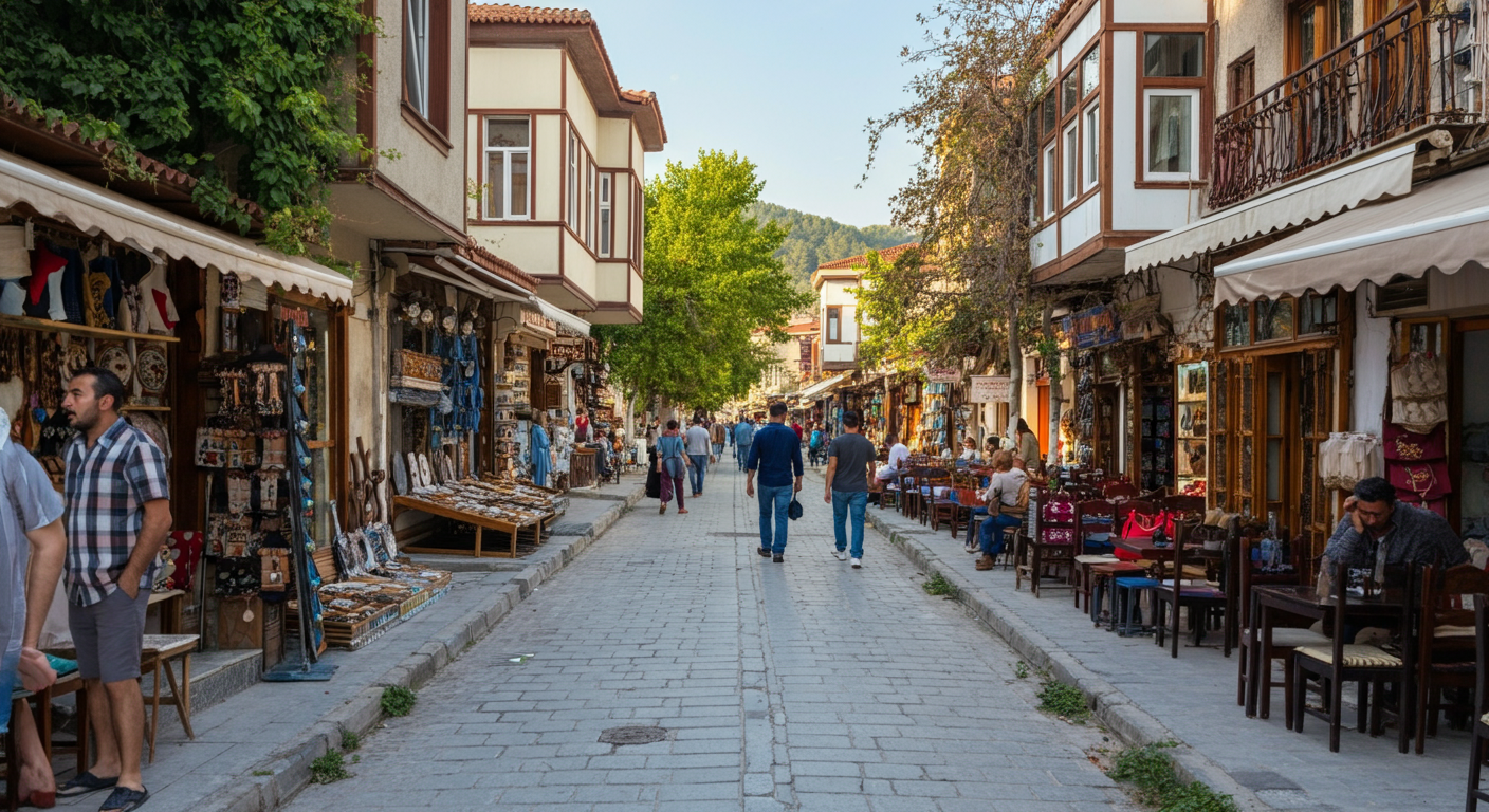 Fethiye town centre street with shops and cafes. Lively but relaxed. People walking. Authentic urban travel photography.