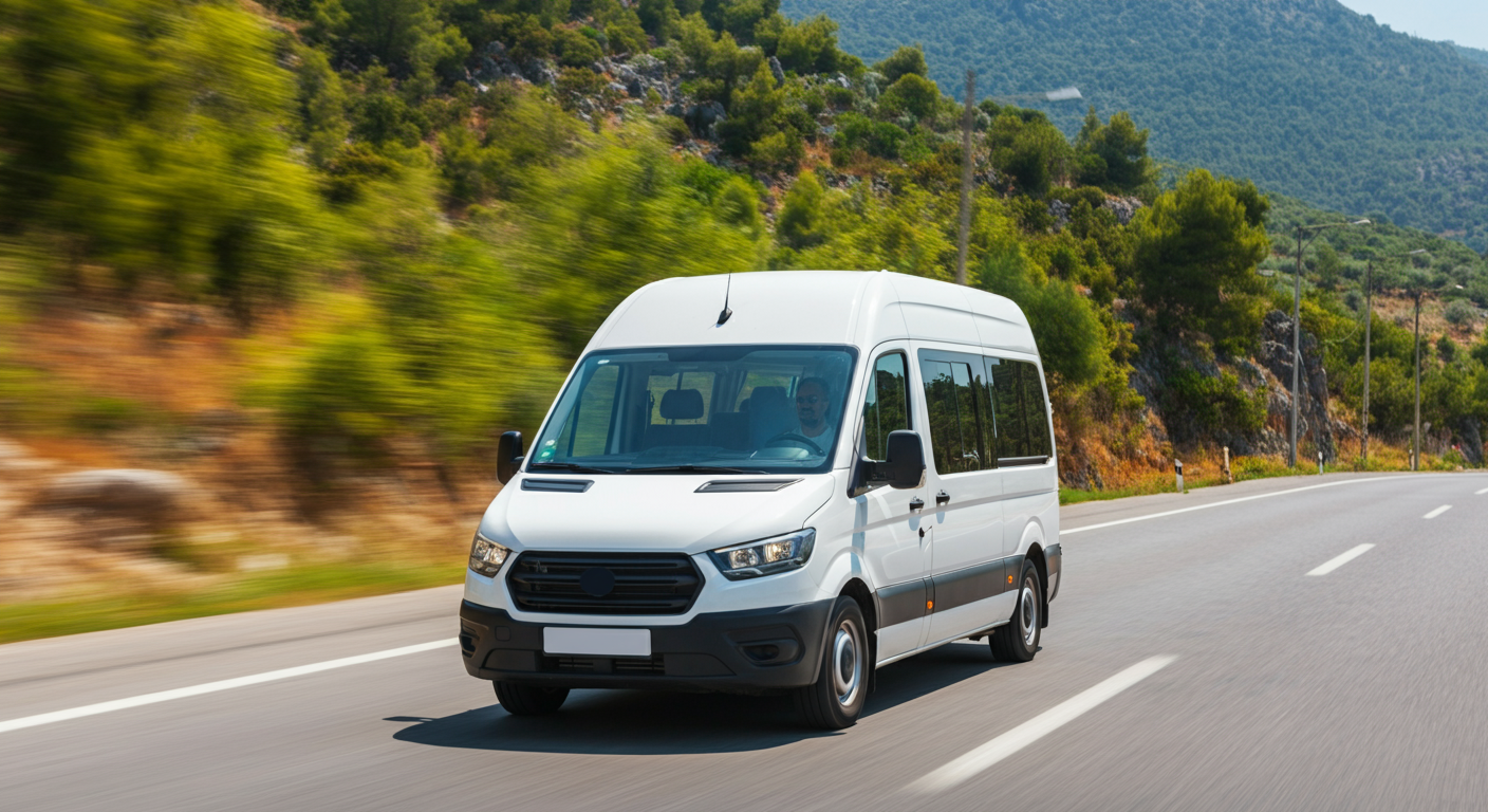 A white modern public minibus (dolmuş) driving on a road in Fethiye with green hills background. Authentic Turkish public transport photography.