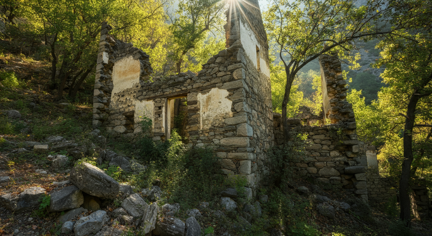 The stone ruins of Kayaköy ghost village on a hillside. Atmospheric and historic. Sunlight filtering through trees. Authentic cultural heritage photography.