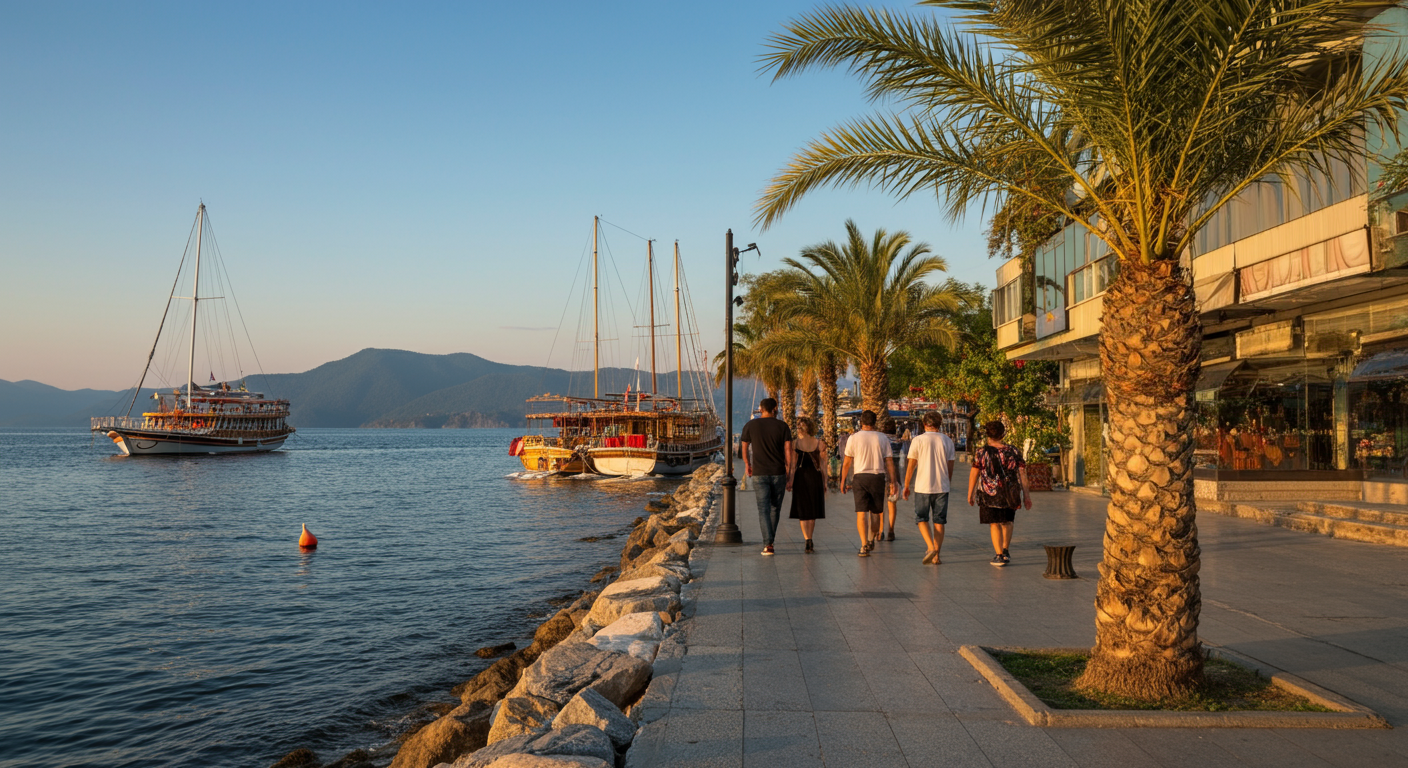 People walking along the Fethiye seaside promenade with palm trees and boats in the background. Sunset lighting. Authentic honest travel shot.