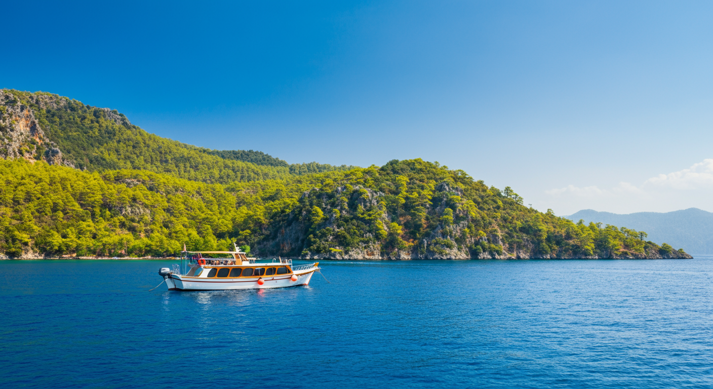 Beautiful green hills meeting the sea in Fethiye area. A small boat on the water. Nature focused authentic travel photography.
