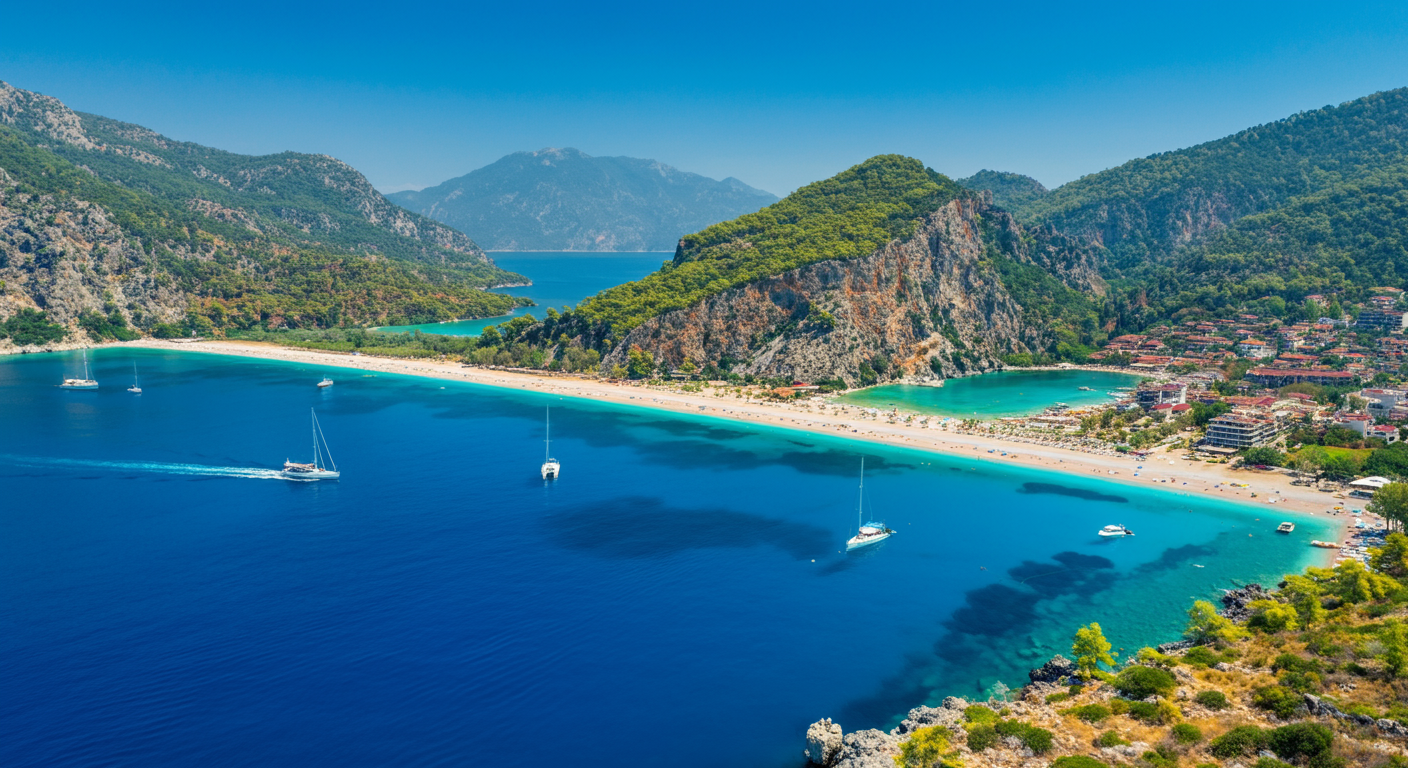 Aerial view of Ölüdeniz beach and Blue Lagoon. Turquoise water, white sand, green hills. Authentic high quality drone photography.