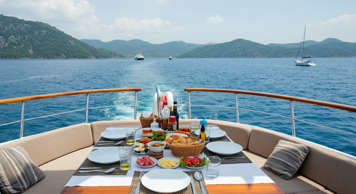 Lunch table set on the deck of a private boat in Fethiye. Fresh mediterranean food. Sea view background. Relaxed luxury. Authentic travel experience.