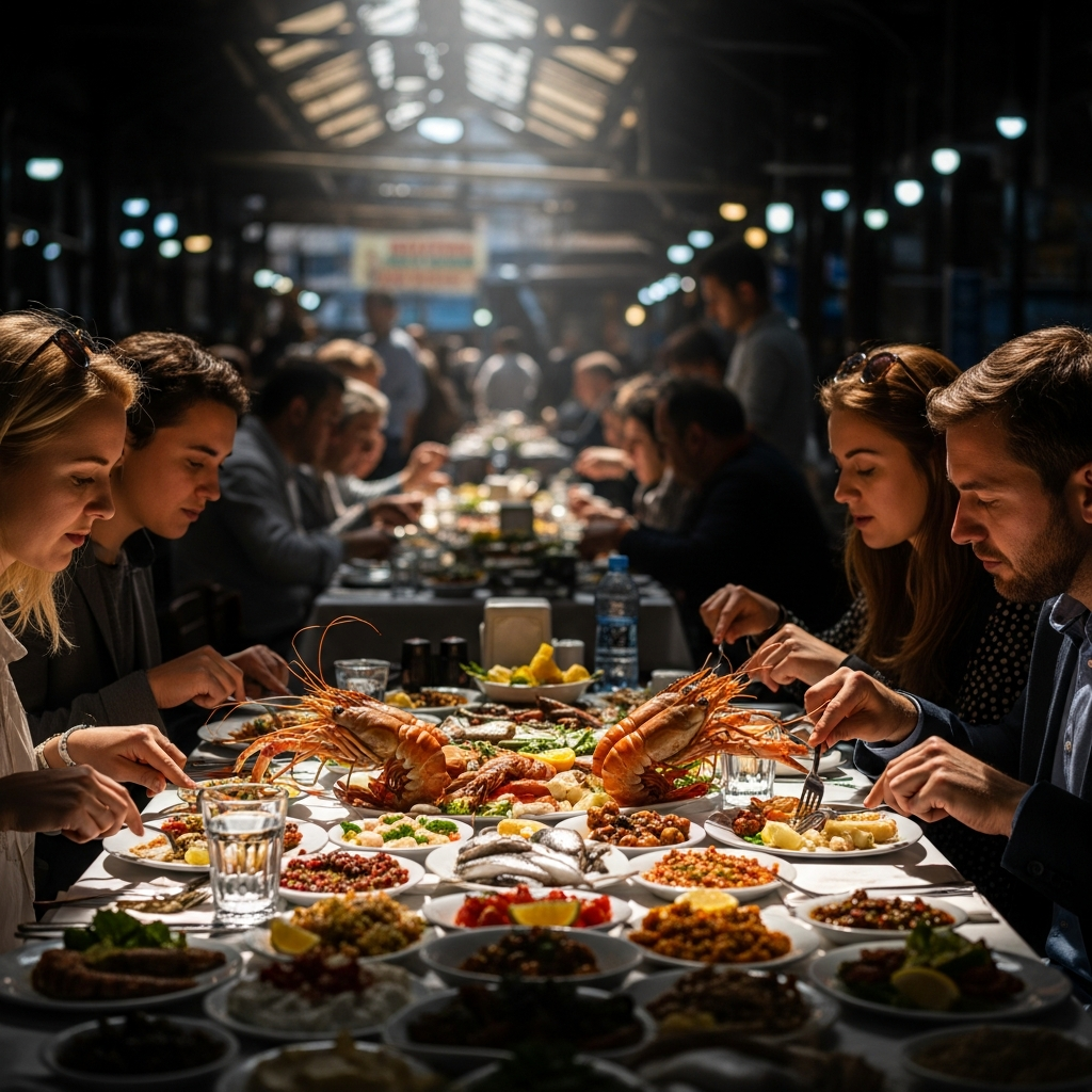 Fethiye balık pazarında devasa karidesler ve lüks meze sofrası ile yemek yiyen yabancı turistler