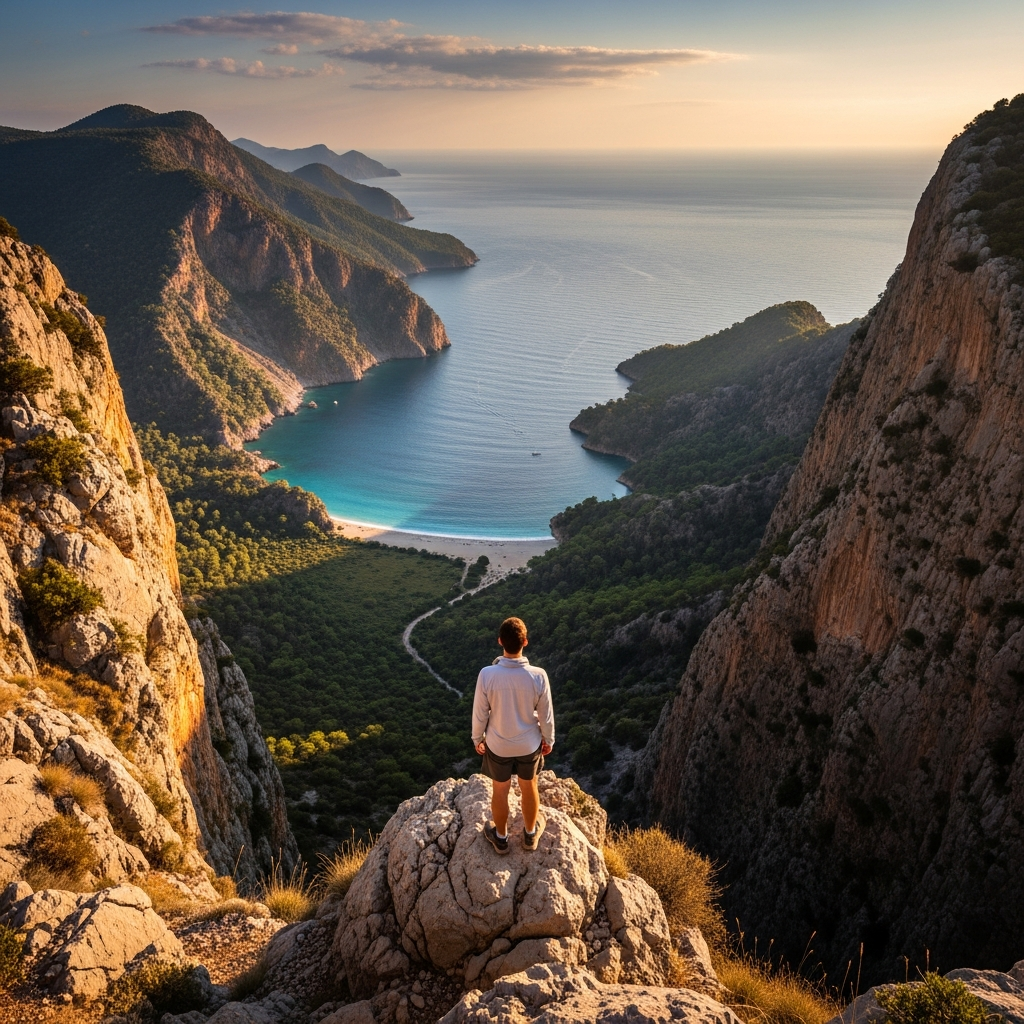 Kelebekler Vadisine devasa uçurumdan bakan sarp kayalıkta poz veren bir gezgin ve deniz