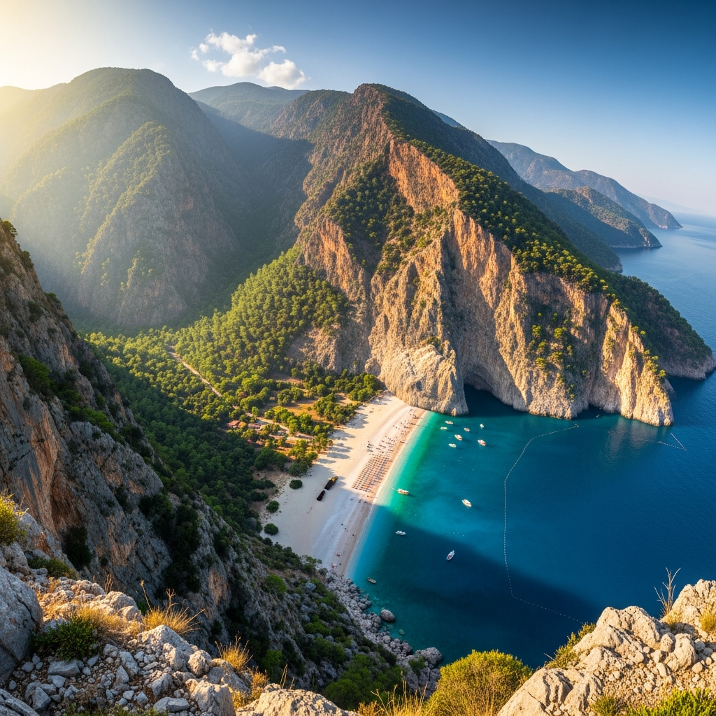 Faralya köyünden 400 metre yüksekten uçurumdan Kelebekler vadisi kumsalını kuşbakışı çeken devasa dağ manzarası