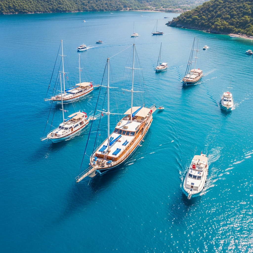 Fethiye açıklarında turkuaz deniz üzerinde seyreden devasa ahşap gulet ve tatilci tekneleri havadan görünümü