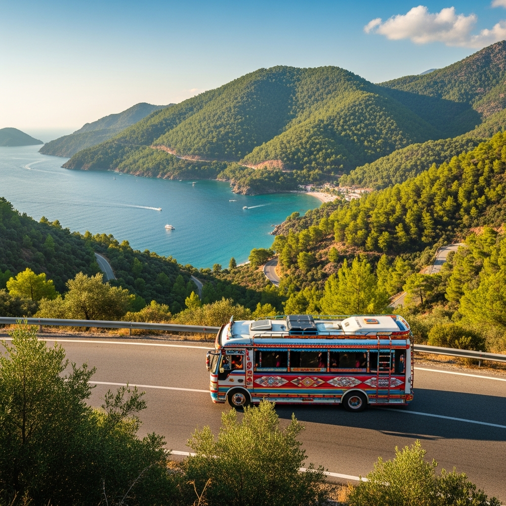 Fethiye'nin yemyeşil dağ yollarında süzülen yerel renkli dolmuşlar ve Akdeniz manzarası