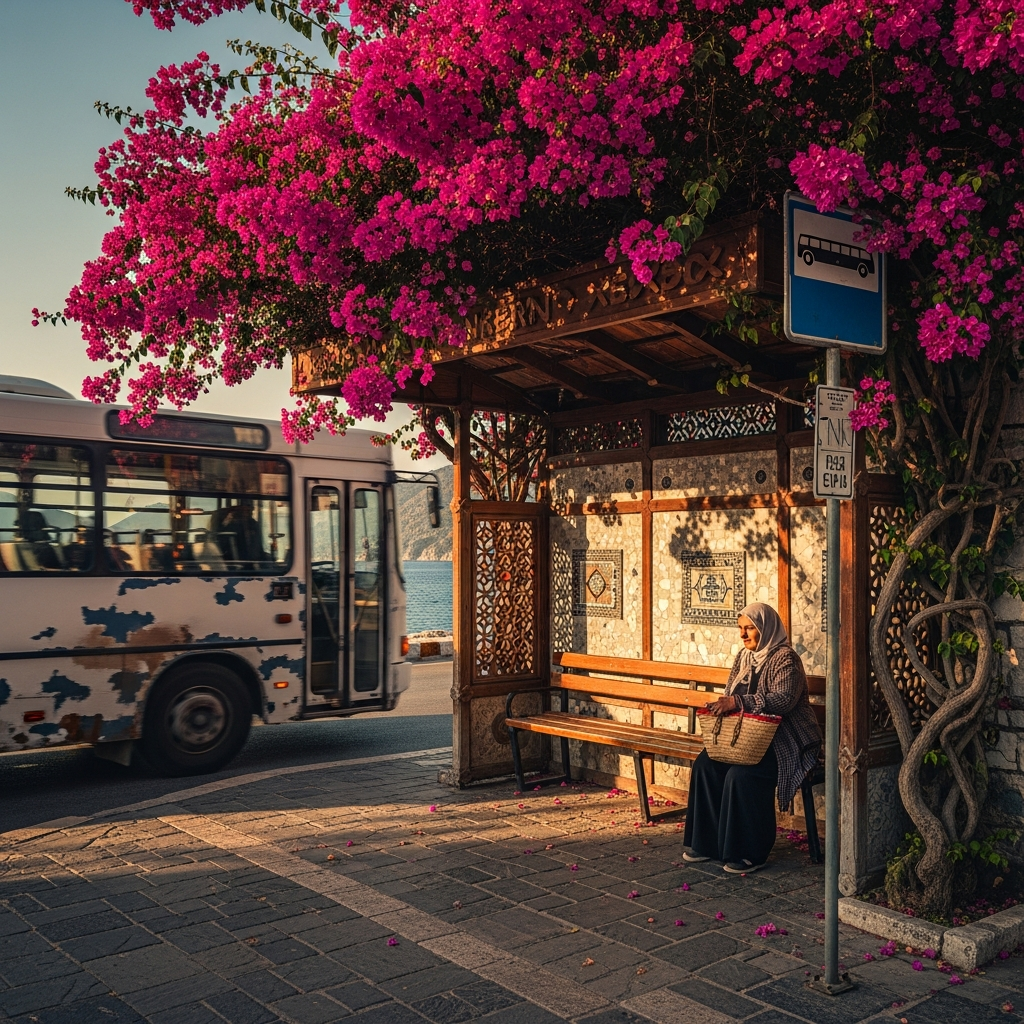 Pembe begonviller altında Akdeniz esintili Fethiye durağı ve yerel taşıma