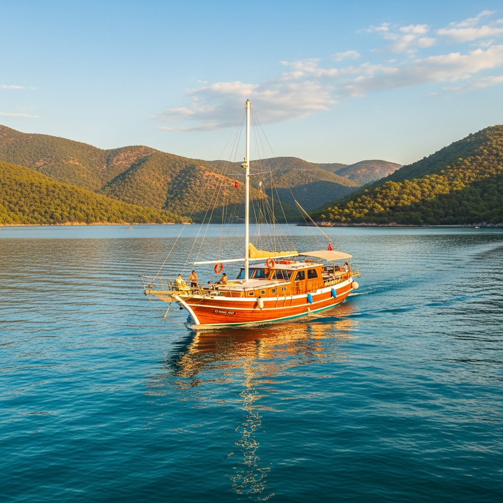 Sakin denizde Çalış Plajı istikametine giden Türk tipi ahşap su taksisi