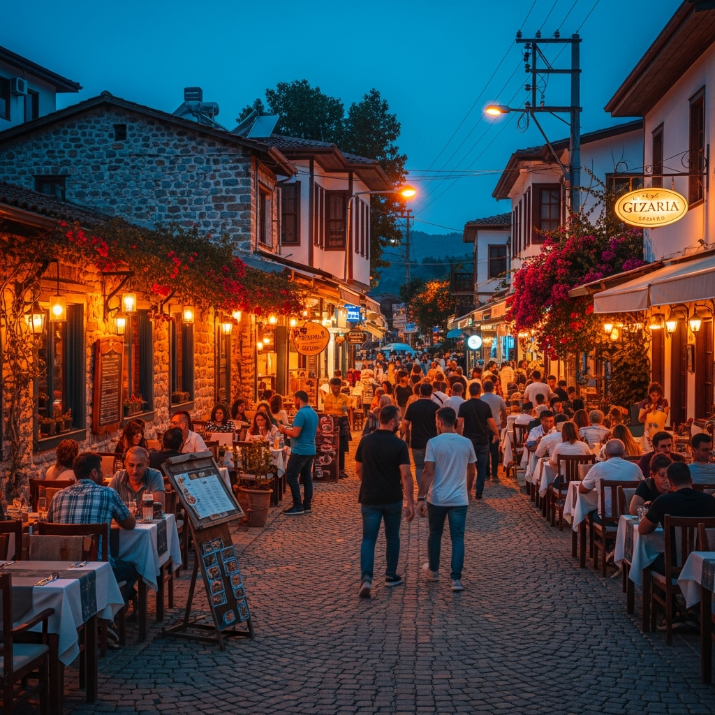 Araç trafiğine kapalı Hisarönü merkezinde ışıklı sokaklar ve rahat restoran alanları