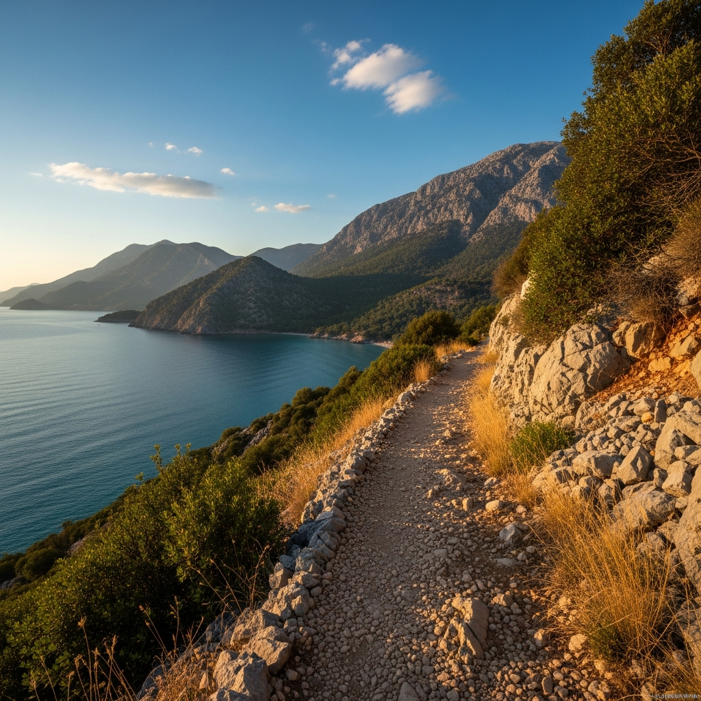 Likya yolunda dağların eteğinden masmavi sulara bakan huzurlu doğa patikası