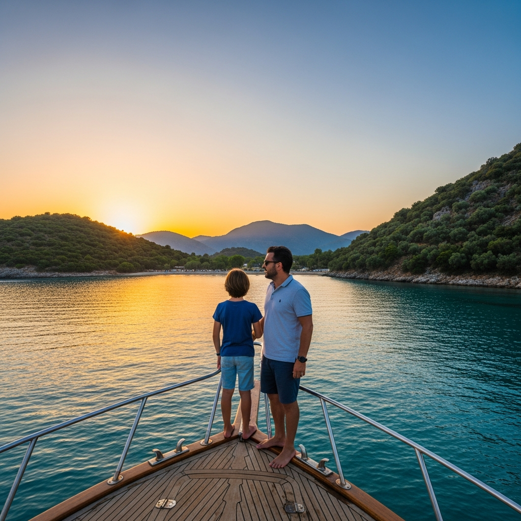 Fethiye'den kalkan 12 adalar sessiz göl teknesinin ucunda babasıyla manzaraya bakan çocuk resmi