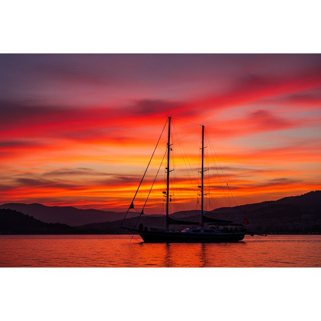 Fethiye ufuk çizgisinde denizin kızıla boyandığı muazzam gün batımı ve yelkenli silüeti