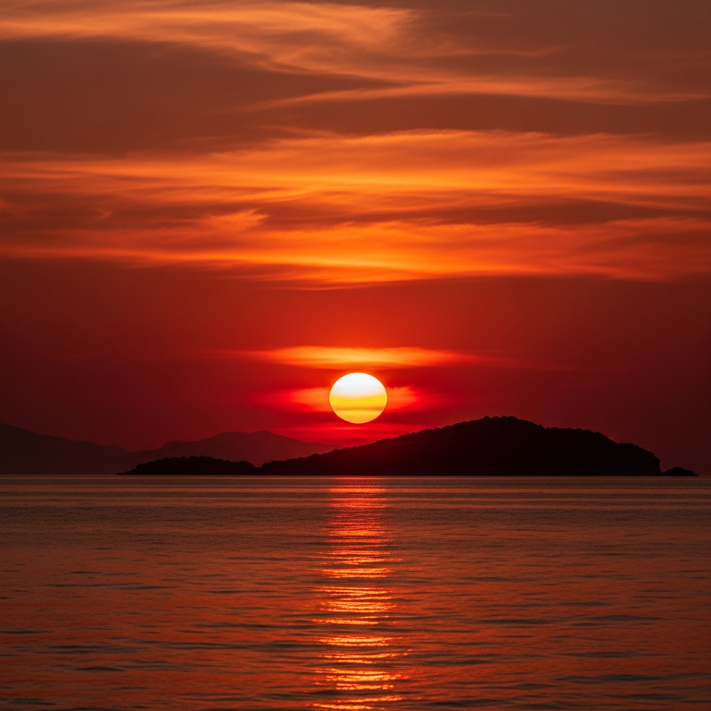 Çalış plajından Şövalye Adasına doğru batan devasa turuncu güneş ve kızıl gökyüzü manzarası