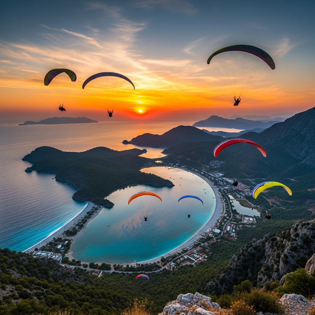 Babadağ zirvesinden 1700 metreden aşağıda Ölüdeniz Lagünü ve ufka süzülen yamaç paraşütlü gün batımı