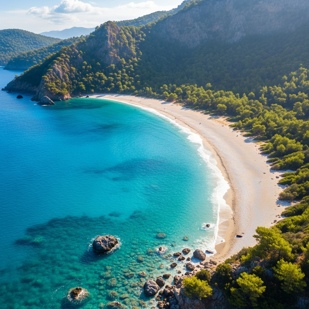 Fethiye turkuaz sularında bembeyaz kumlarla çevrili tropikal görünümlü deniz koyu havadan