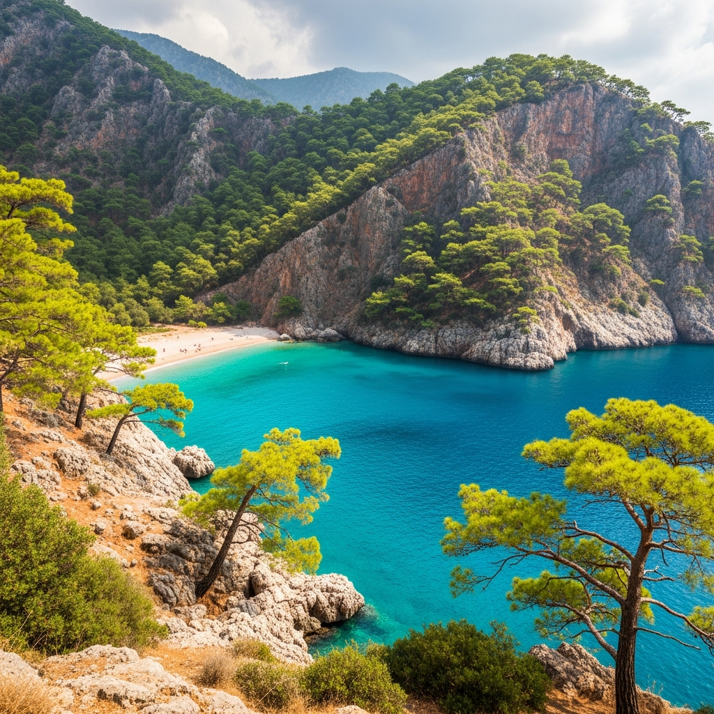 Sarp kayalıkların altında çam ormanlarıyla kaplı el değmemiş turkuaz Kıdrak Koyu plajı