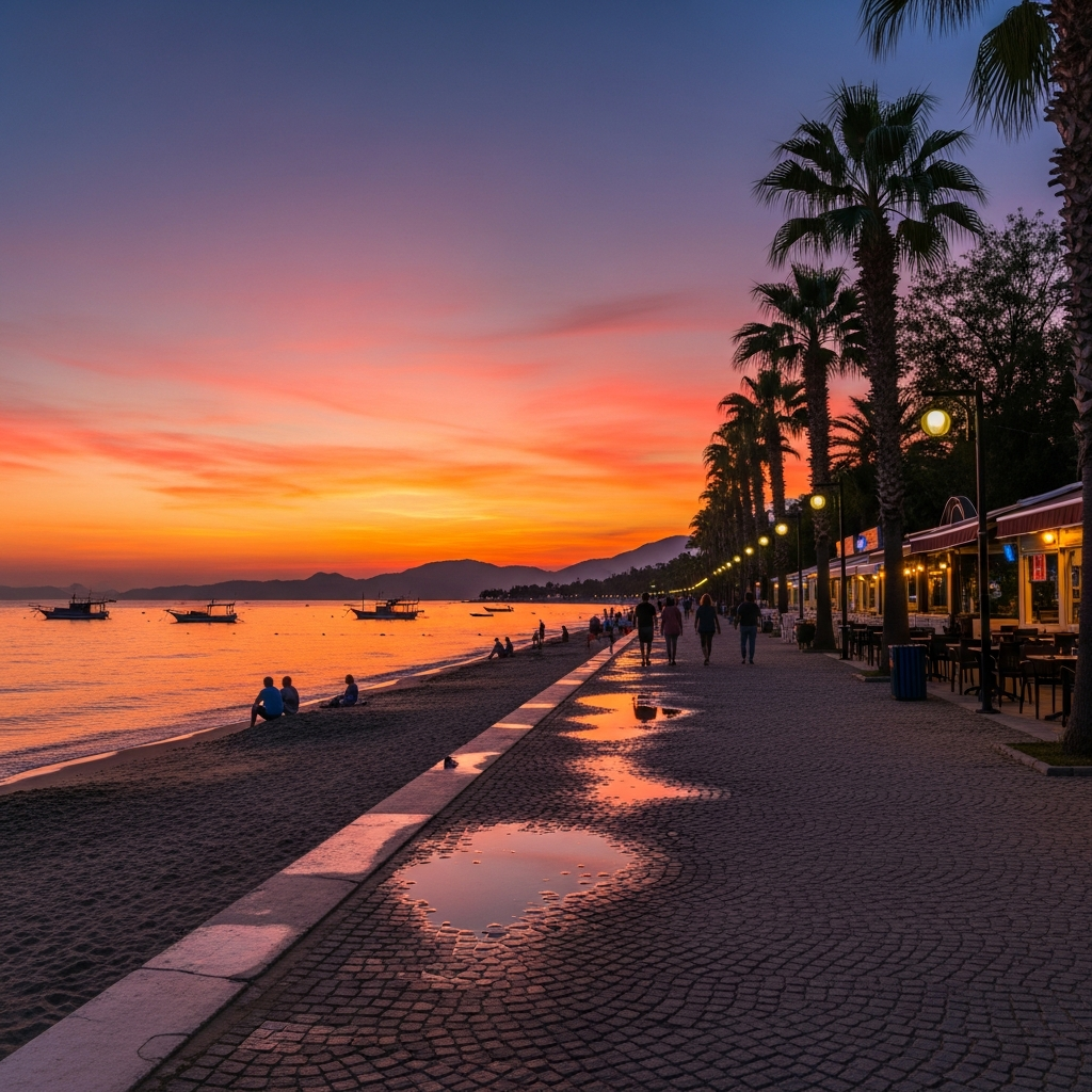 Gün batımında Çalış Plajı ve sahil yürüyüş yolu