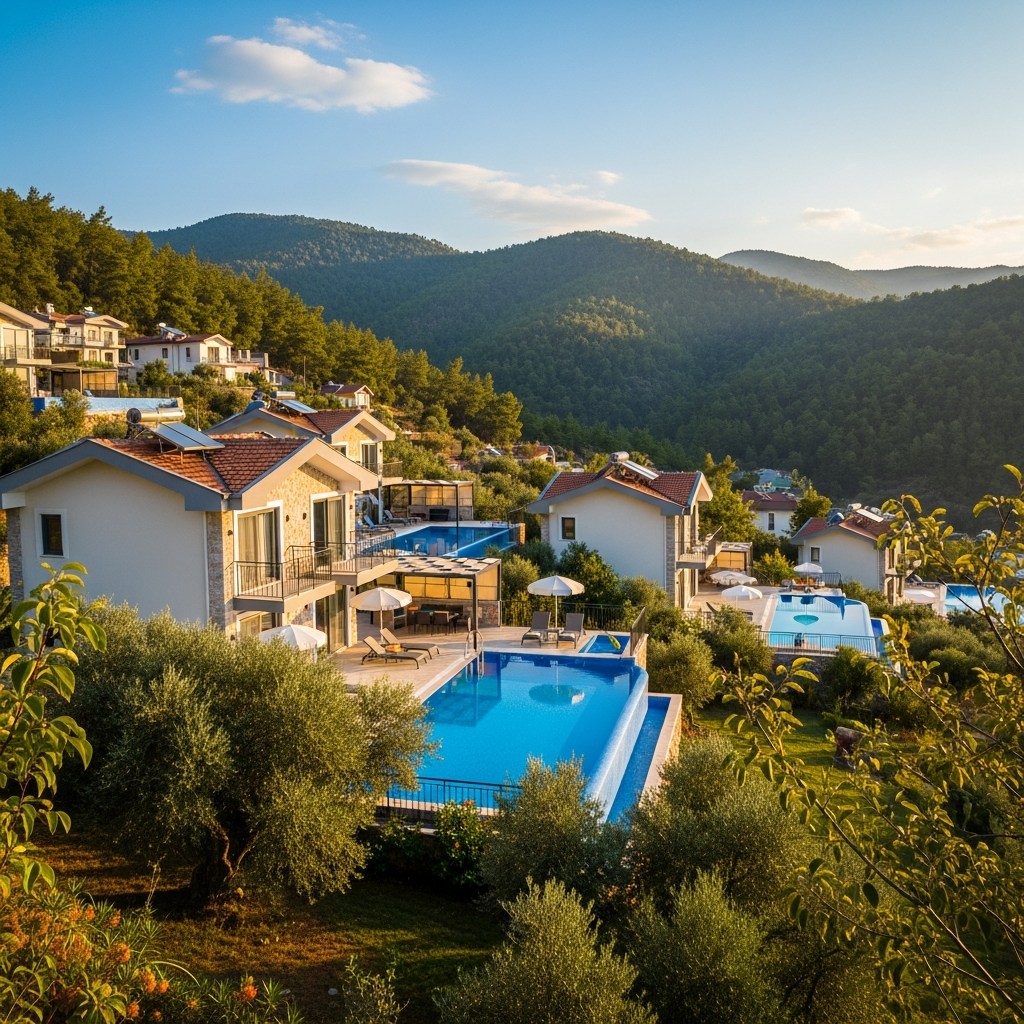 Ovacık'ın yamaçlarına kurulmuş mavi havuzlu lüks villalar