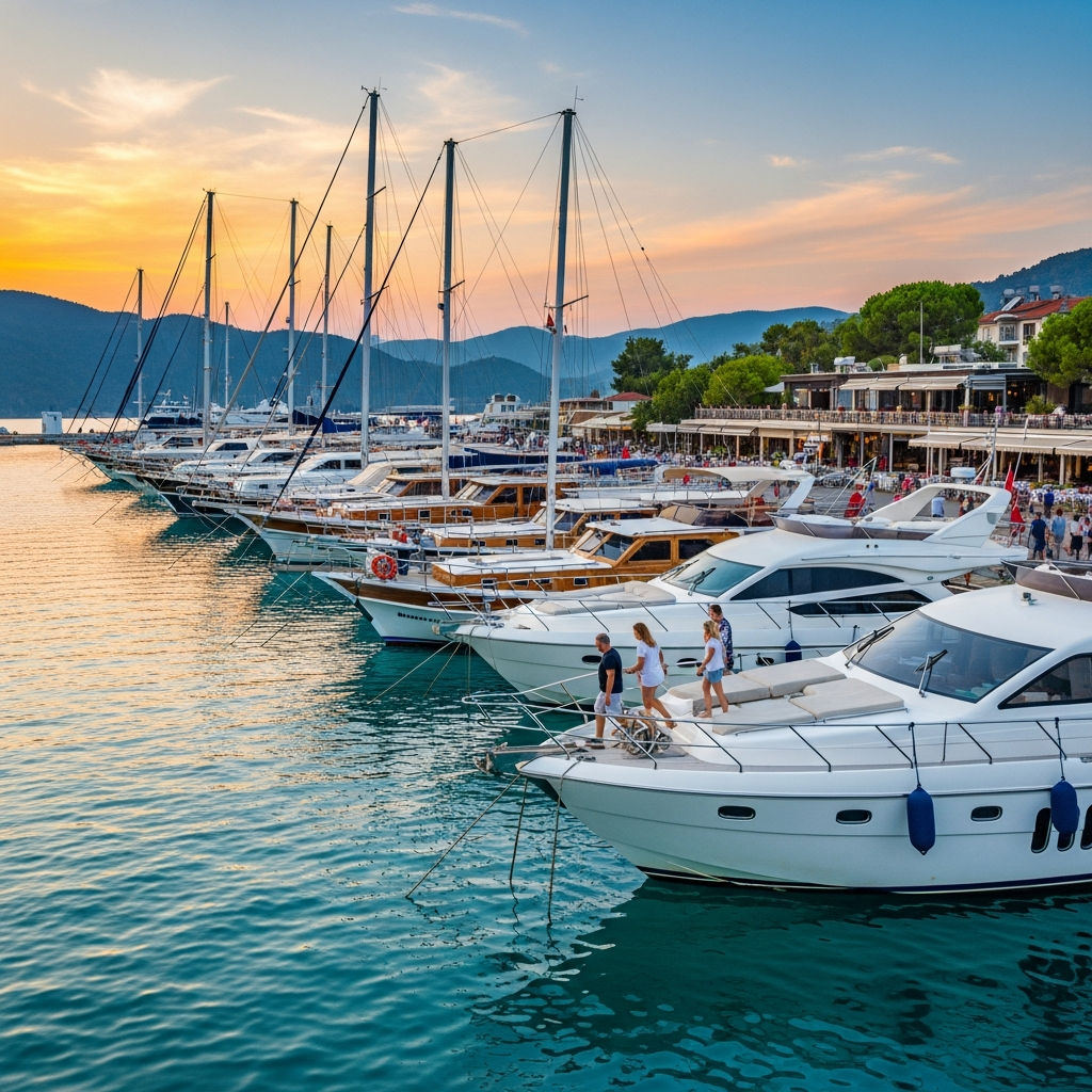 Fethiye Merkez Karagözler Marinasında yanaşmış lüks guletler ve tekneler