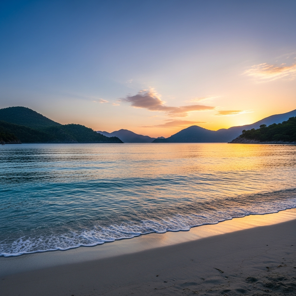 Ekim ayında serin bir seste batan güneş ve tamamen boşalmış sakin Ölüdeniz kumsalı ve dalgalar