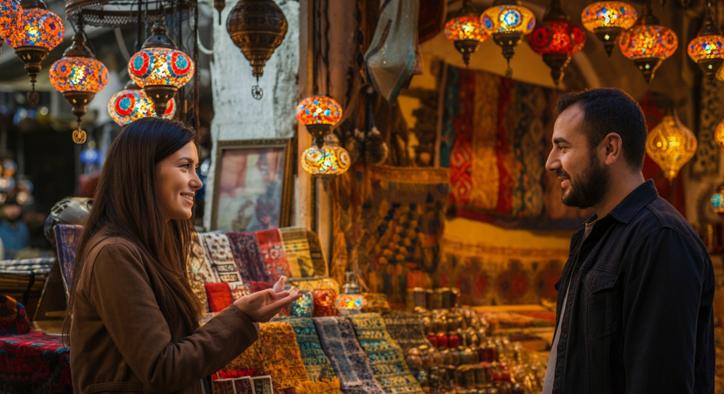 A polite, smiling tourist interacting with a friendly Turkish market seller. Relaxed, open body language. Colourful stall background (lamps or textiles). Authentic travel moment. Warm lighting.