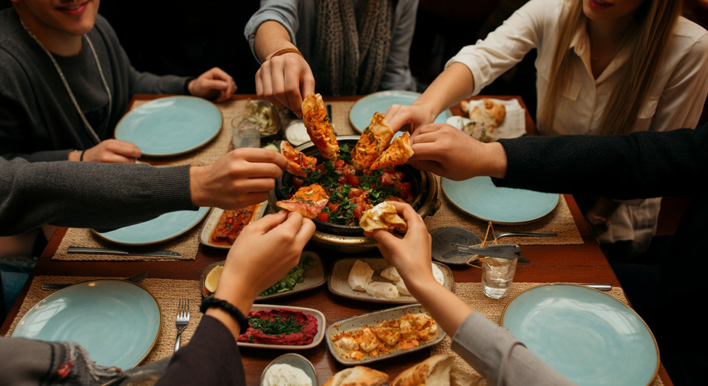 A group of friends sharing a variety of Meze dishes on a table. Hands reaching in, social dining atmosphere. Authentic Turkish hospitality. Warm, inviting.
