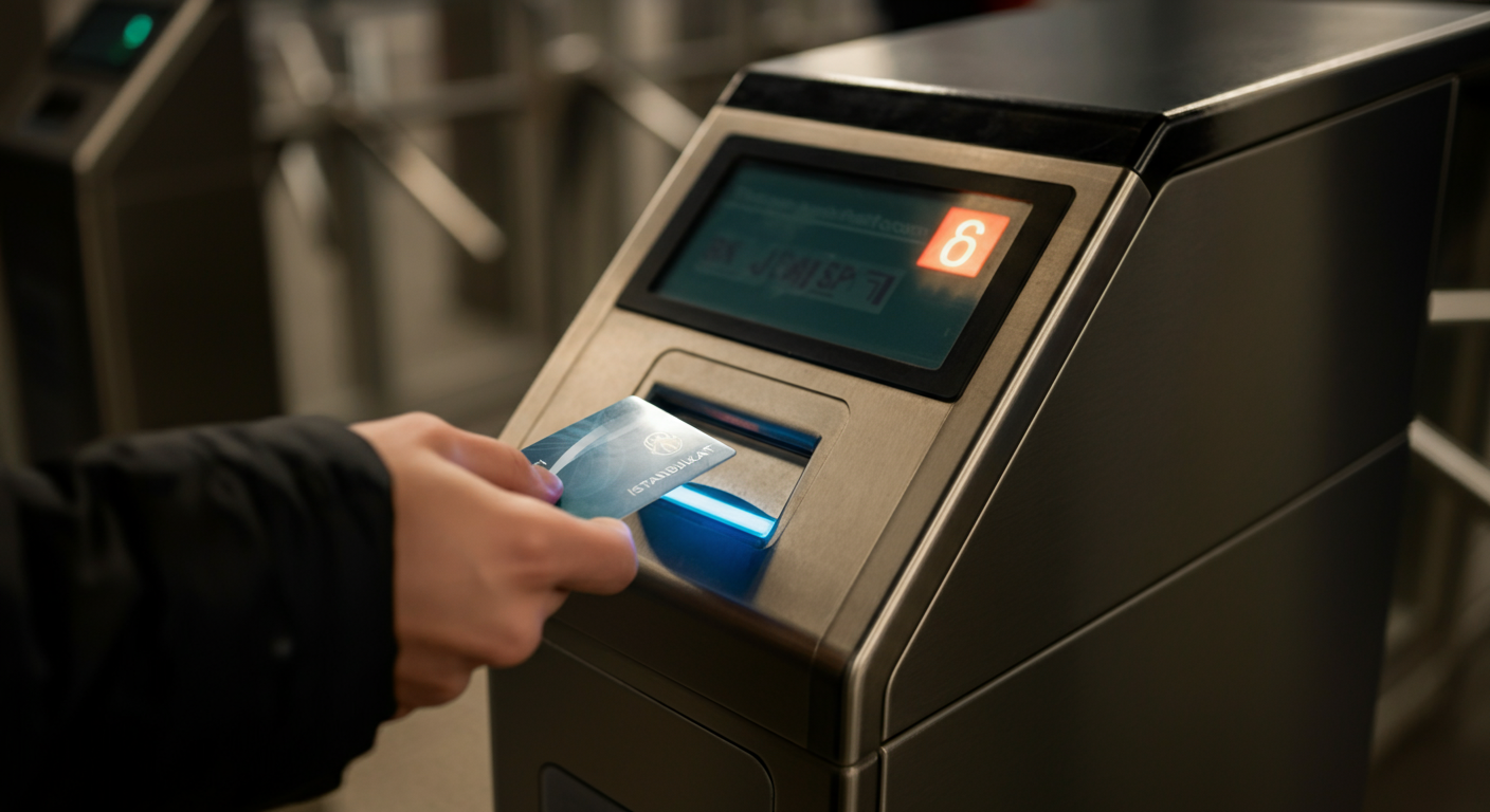 Close up of a hand holding an Istanbulkart (public transport card) tapping it on a modern metro turnstile reader. Focus on the card and the reader light. Authentic POV travel shot. Realistic lighting.