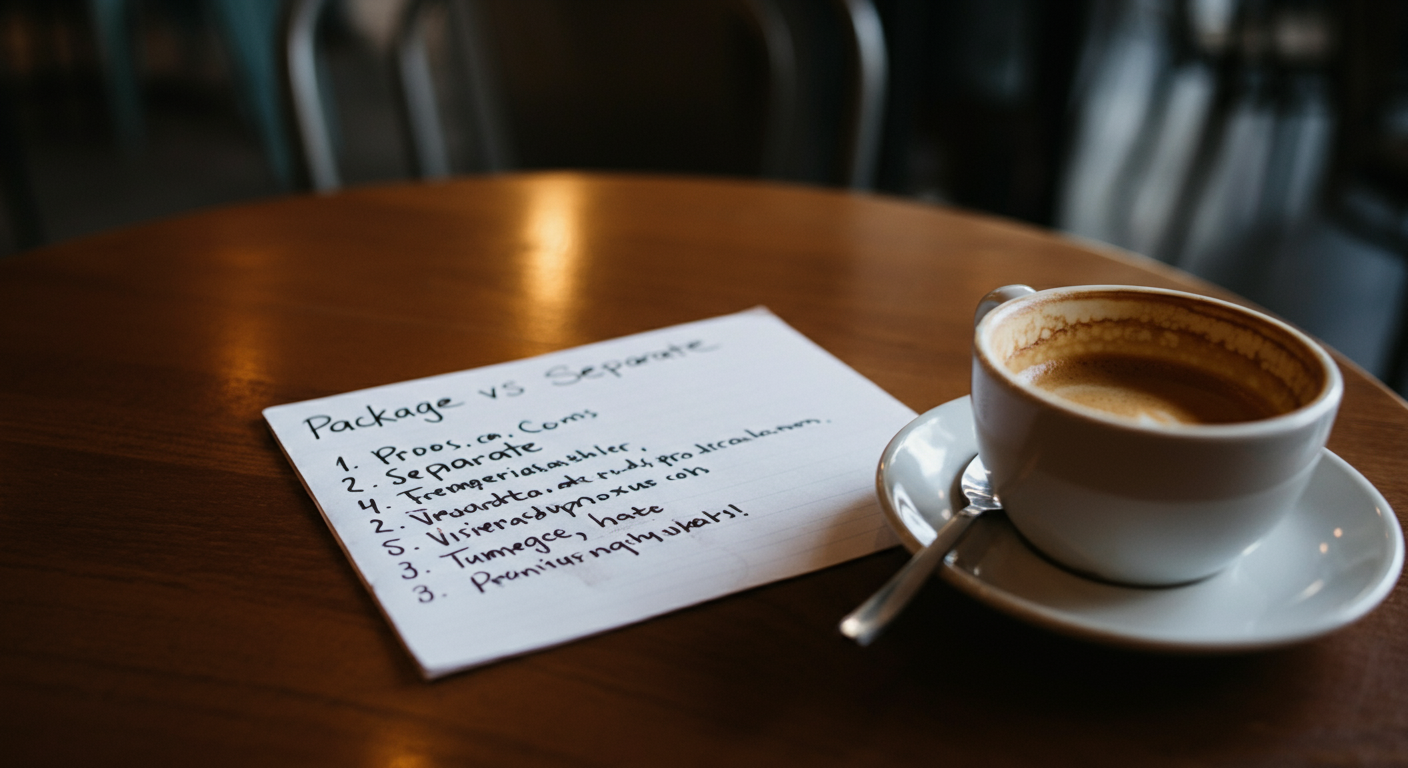 A handwritten list on a cafe table titled 'Package vs Separate'. Pros and cons listed. Coffee cup nearby. Authentic decision making vibe.