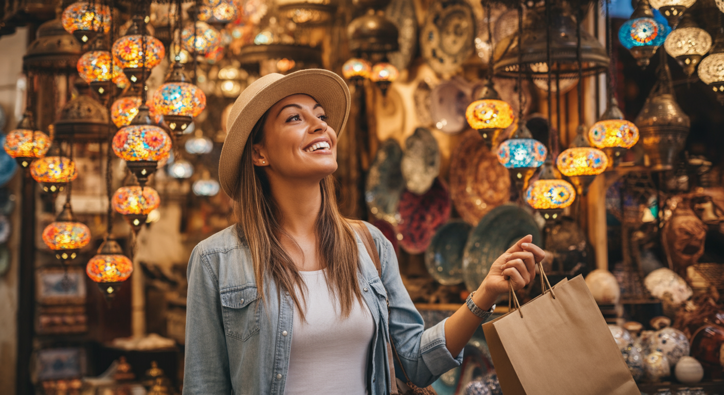 A happy tourist browsing in a Turkish bazaar, holding a small shopping bag. Smiling, enjoying the moment without worry. Colourful background of lamps or ceramics. Authentic travel joy.