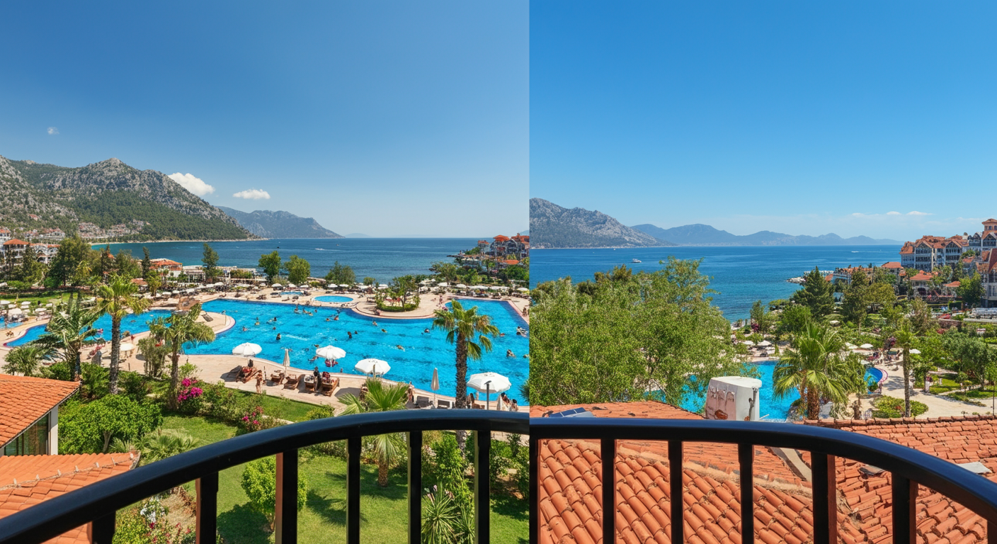 View from a 'premium' hotel room balcony in Turkey vs a standard view. Maybe showing a sea view vs a garden view side by side concept, or just a stunning upgraded view. Authentic travel vibe.