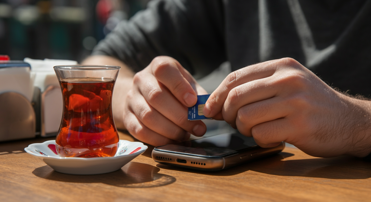A traveller's hands inserting a physical SIM card into a phone at a sunny Turkish cafe table. Turkish tea glass (cay) nearby. Authentic detail, focus on hands and phone slot. Hyper realistic, no AI artifacts.
