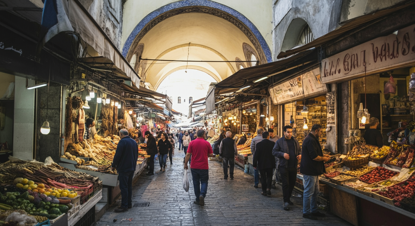 Tourists walking safely in a sunny Turkish resort town