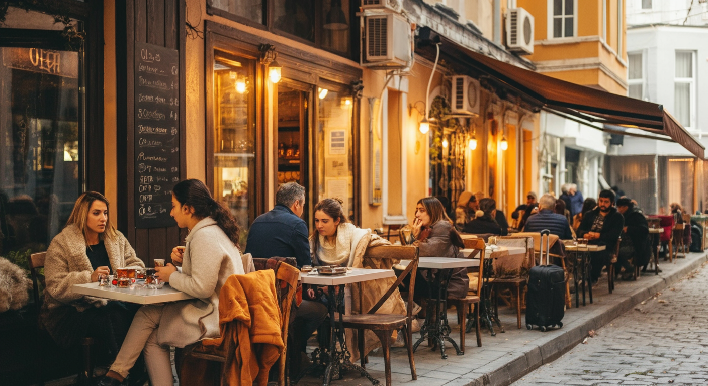 A cozy outdoor/indoor cafe scene in Istanbul in October. People enjoying coffee or tea. Comfortable clothing (light jackets). Lively but relaxed city atmosphere. Authentic travel lifestyle.