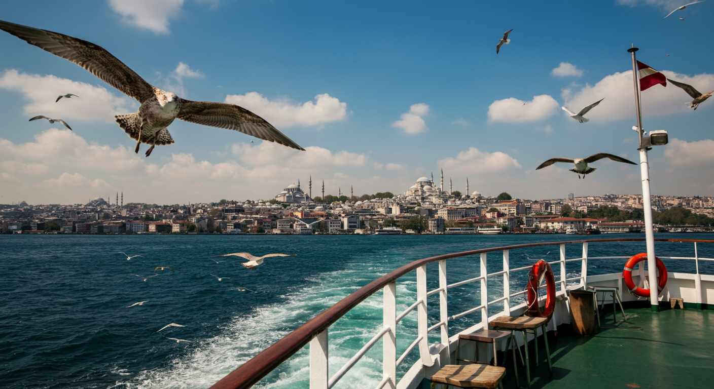 A scenic view from the deck of an Istanbul ferry crossing the Bosphorus. Seagulls in the air, city skyline in the distance with minarets. Authentic travel experience. . Relaxing vibe.