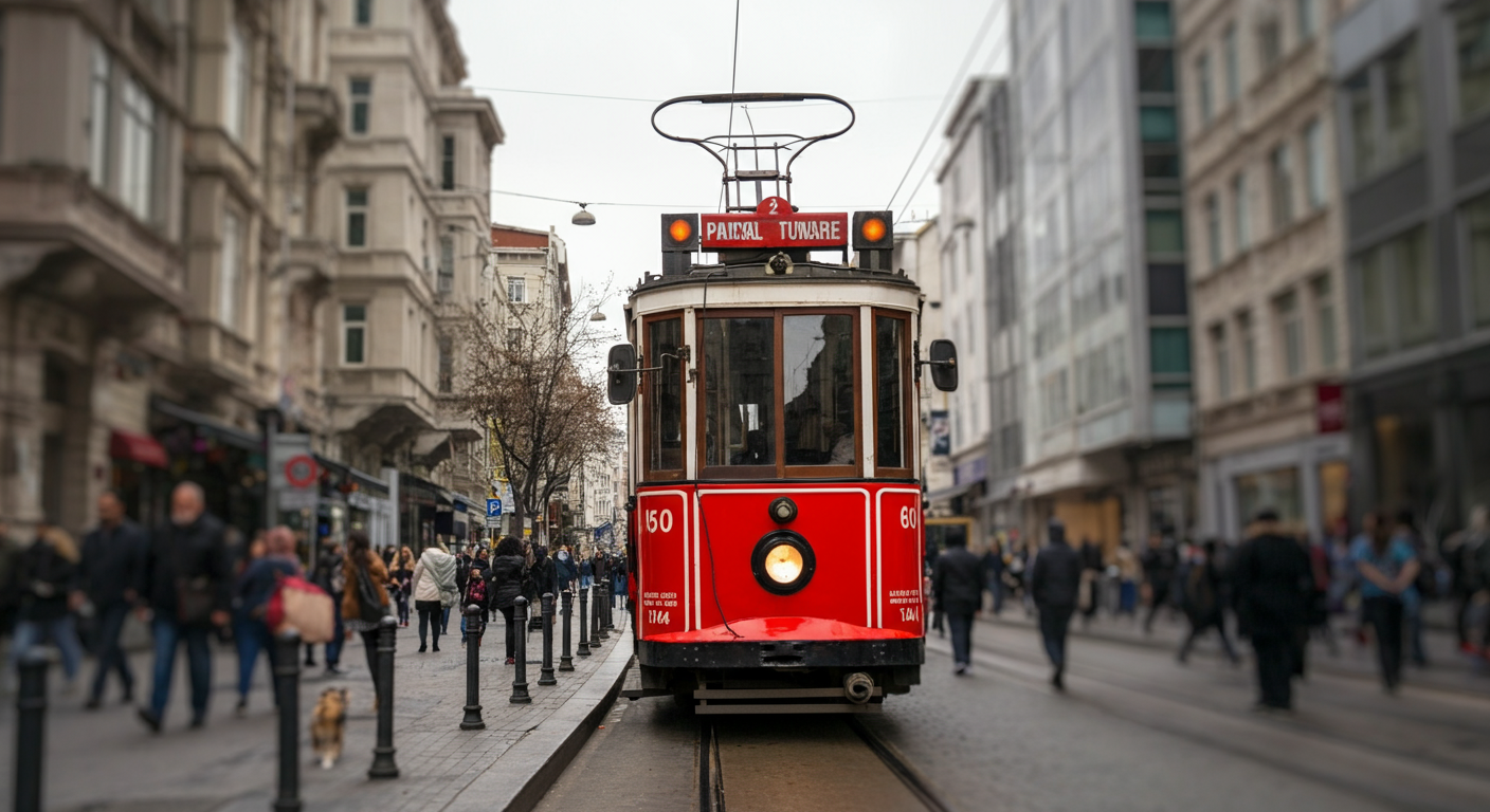 A  shot of the iconic red tram on Istiklal Avenue in Istanbul. People walking nearby, blurred background. Overcast but bright day. Authentic street photography. High detail.