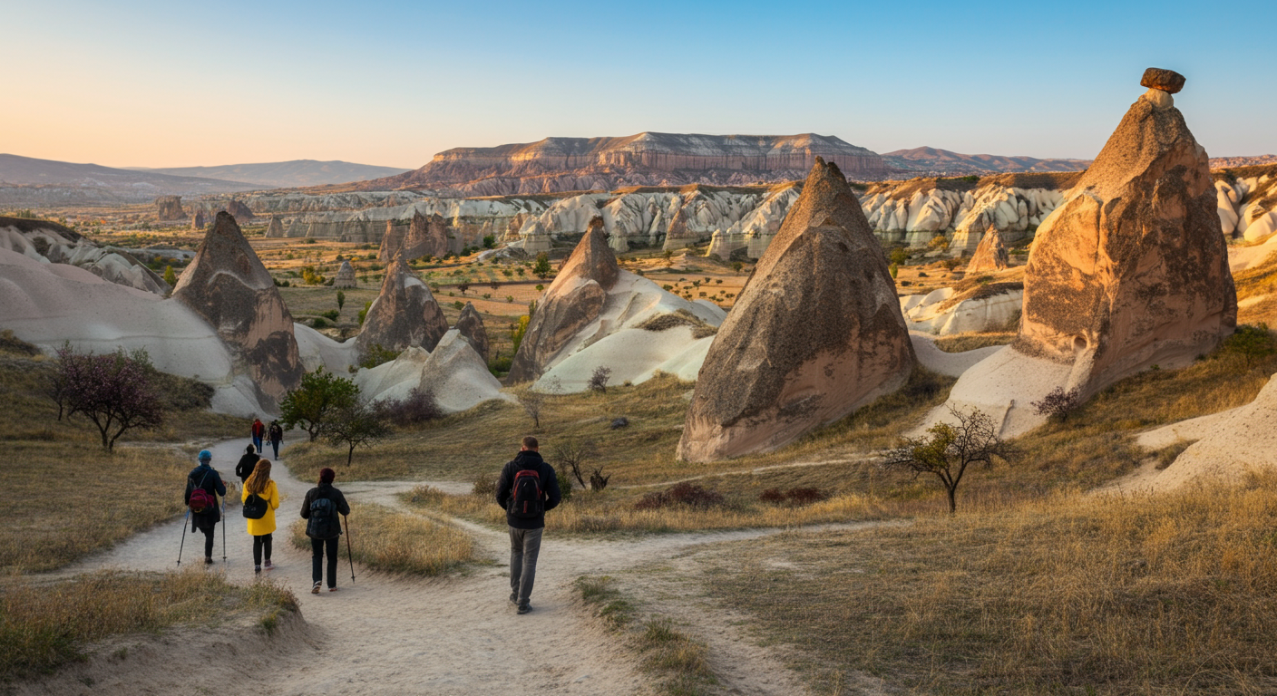 A wide shot of hiking in Cappadocia valleys. People walking on a trail. Unique rock formations. Authentic adventure photography. Early morning light.