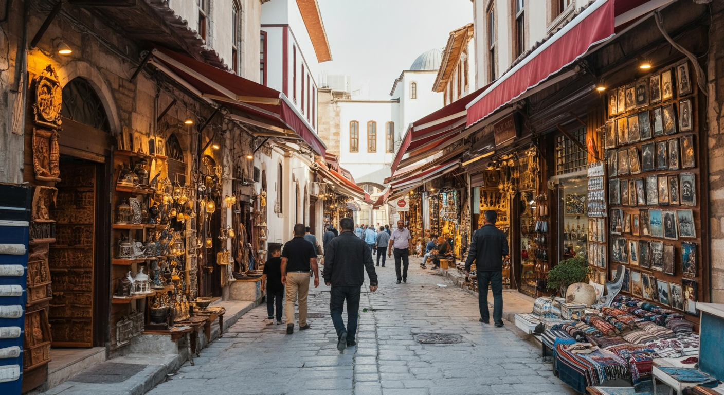 A busy street in Kemeralti Bazaar, Izmir. Historic shops, locals exploring. Authentic Turkish market vibe. Colorful and textured. Realistic street photography.