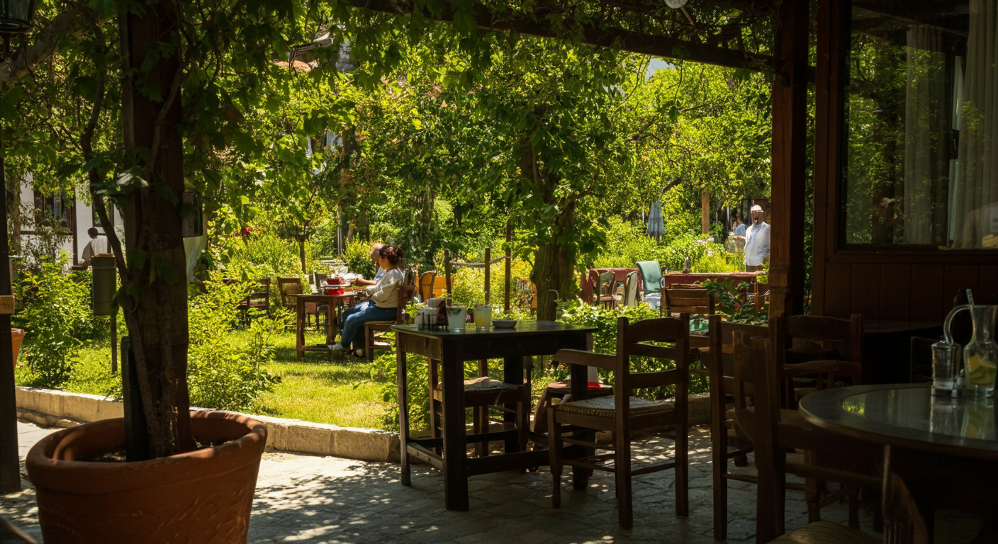 A relaxed midday scene in a shaded garden or cafe in Turkey. Cold drinks on a table (lemonade or iced coffee). People resting comfortably away from the sun. Authentic lifestyle photo.