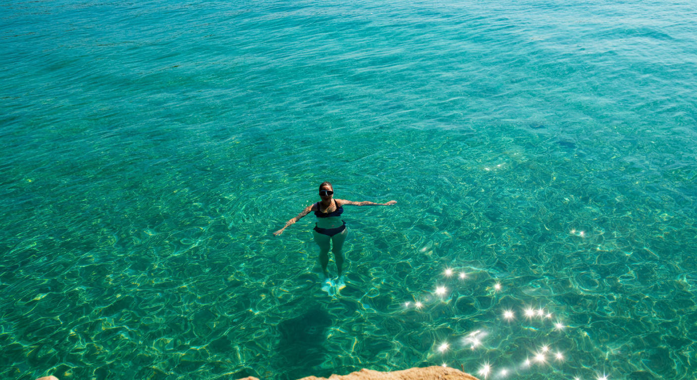 A relaxed swimming scene in calm turquoise water. Midday light, sparkling water texture. A swimmer floating or wading. Inviting and refreshing. Authentic travel moment.