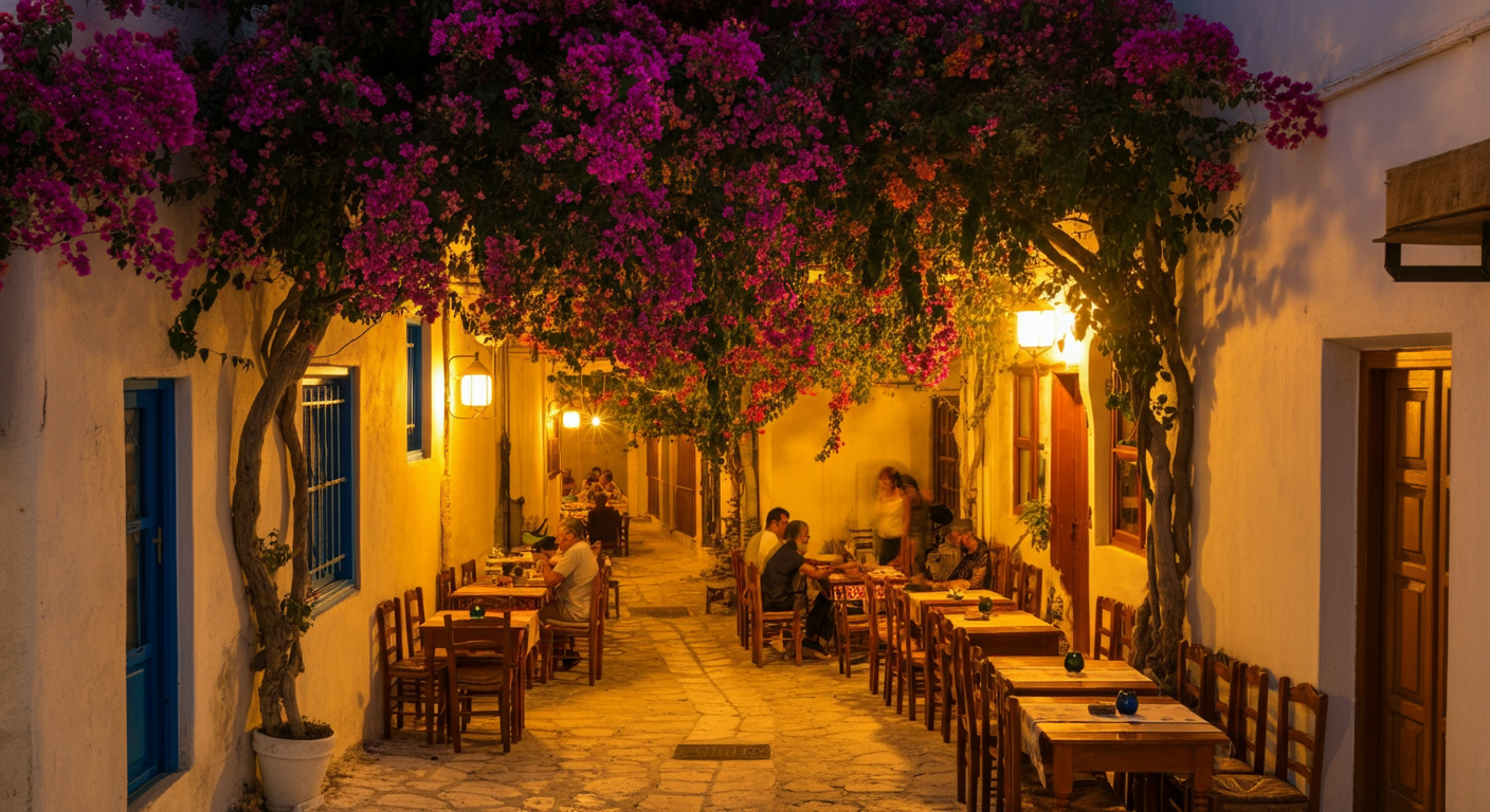 Charming narrow stress in Kas centre with bougainvillea flowers. Evening light, warm lantern glow. People dining at tables outside. Authentic atmosphere. Romantic vibe.
