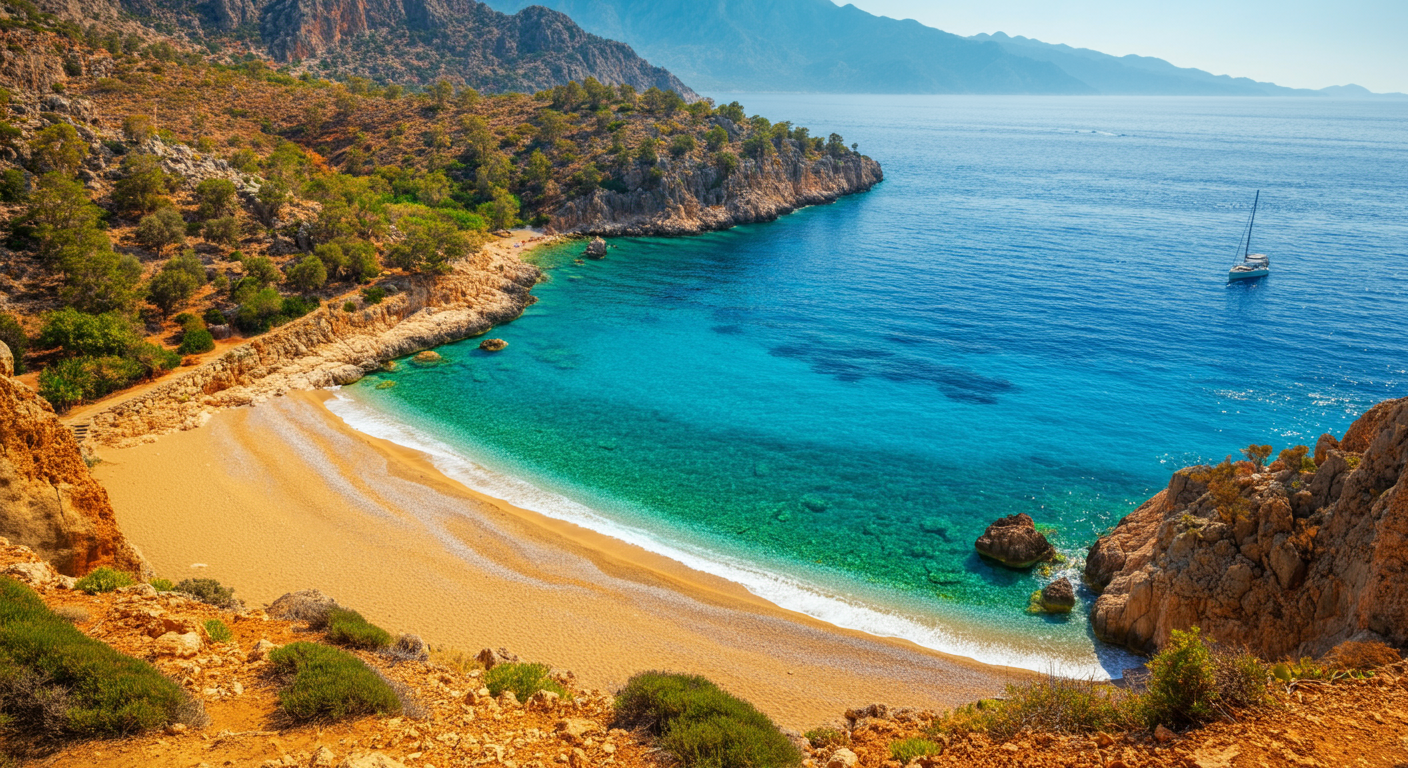 A stunning view of Kaputas Beach near Kas from above. Golden sand, vibrant turquoise water between cliffs. Authentic travel photography. Bright daylight.