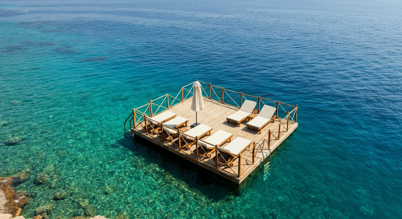 A private swim platform on the Kas peninsula. wooden deck, clear deep blue water. Sunbeds. Peaceful relaxation. Authentic holiday photo. Realistic textures.