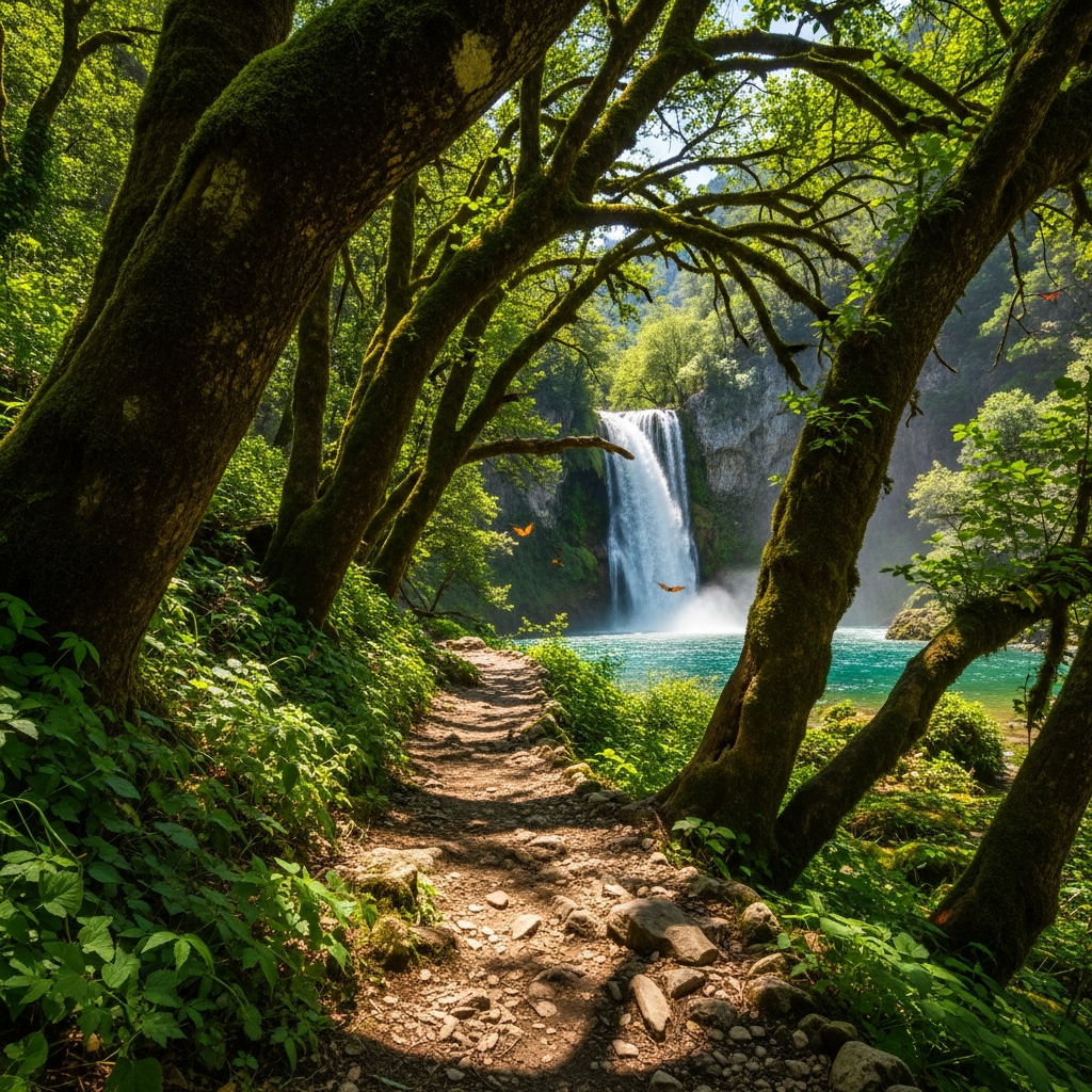 Kelebekler Vadisi içerisinde dev şelaleye doğru uzanan yemyeşil orman yürüyüş (trekking) yolu