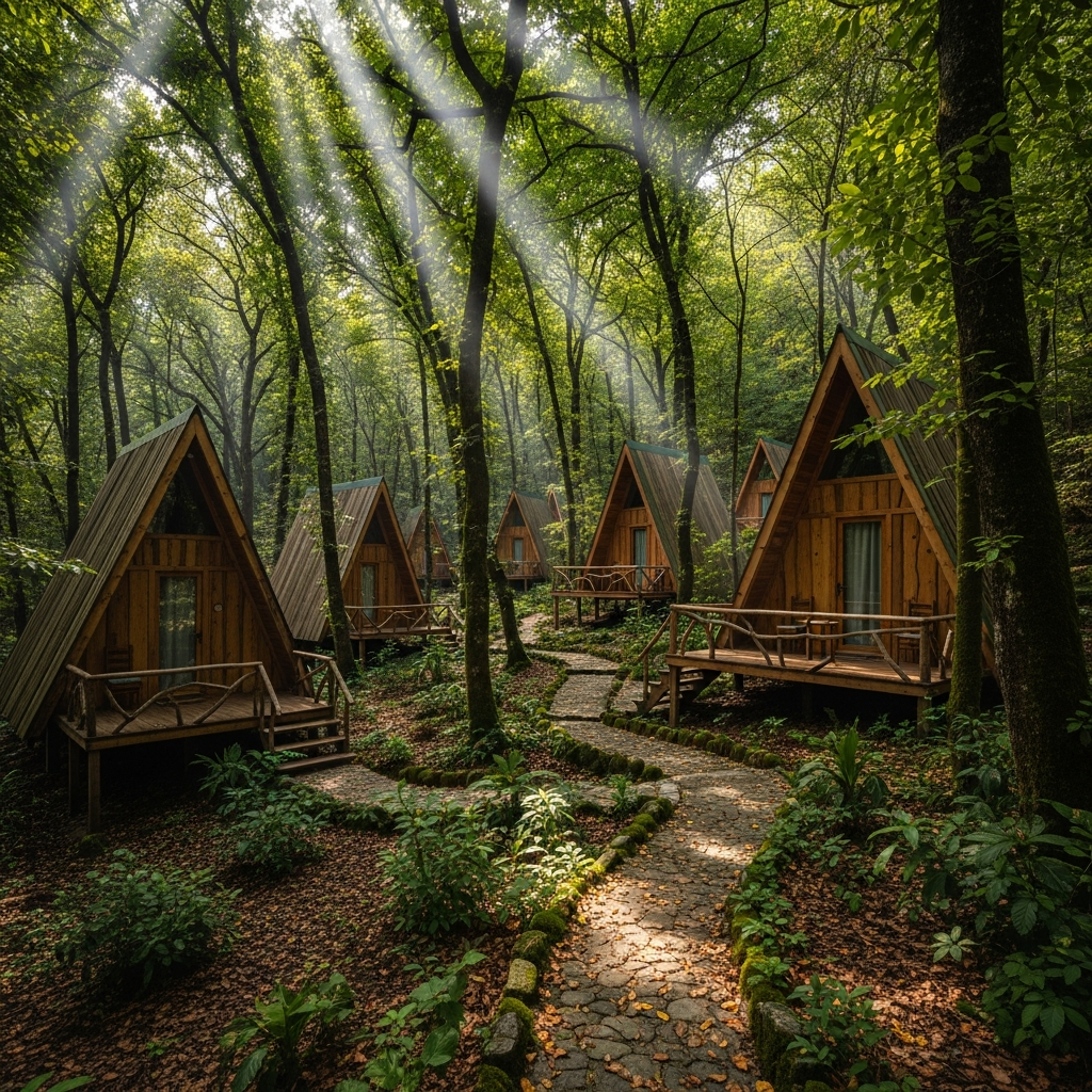 Kelebekler vadisi orman zeminine kurulmuş tamamen organik ahşap üçgen bungalov evleri