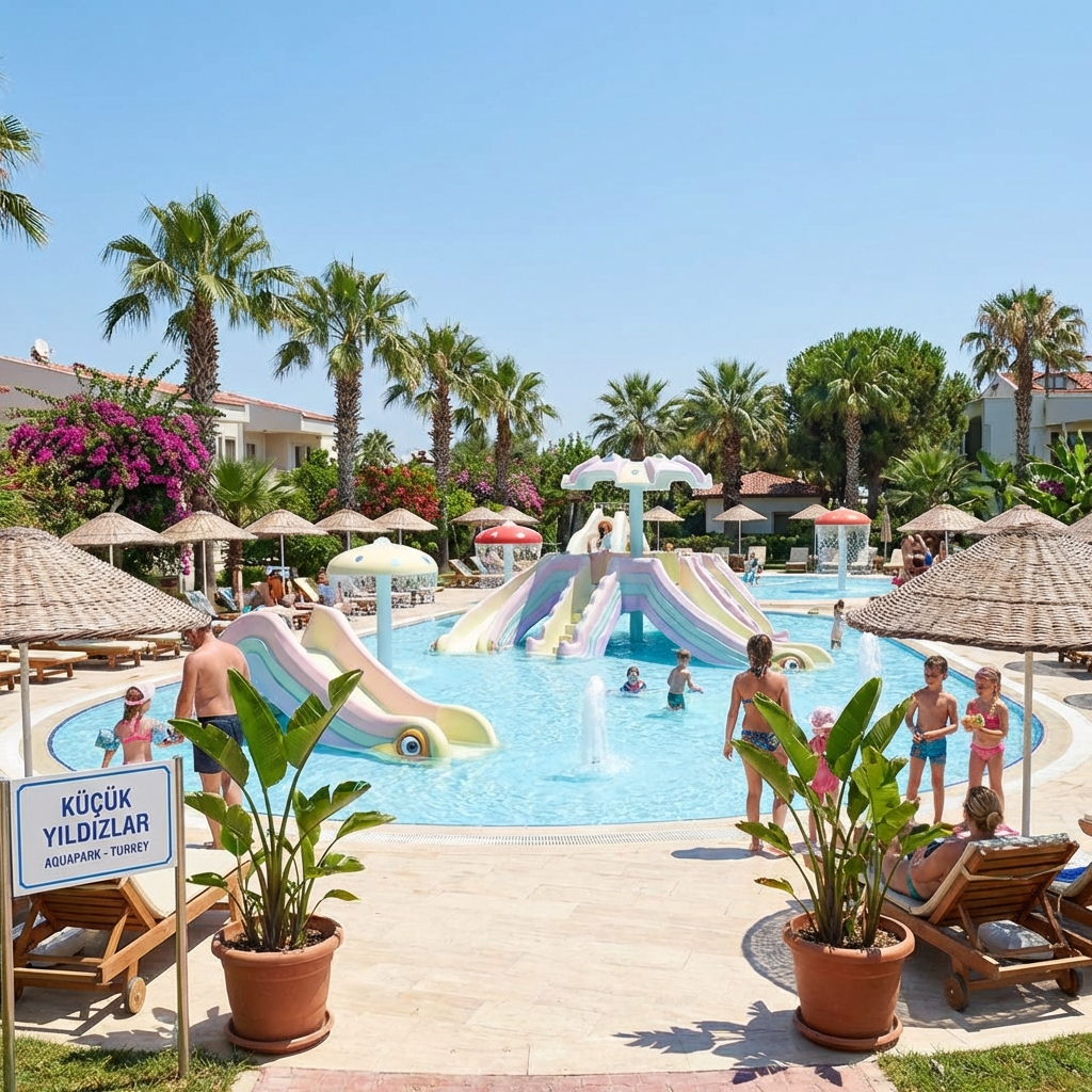 Kid-friendly pool area with slides and safety features