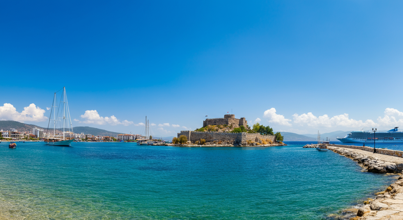 Wide view of Kusadasi harbour and Pigeon Island castle. Blue sea, cruise ships in distance. Seaside resort town vibe. Authentic travel photography. Sunny day.