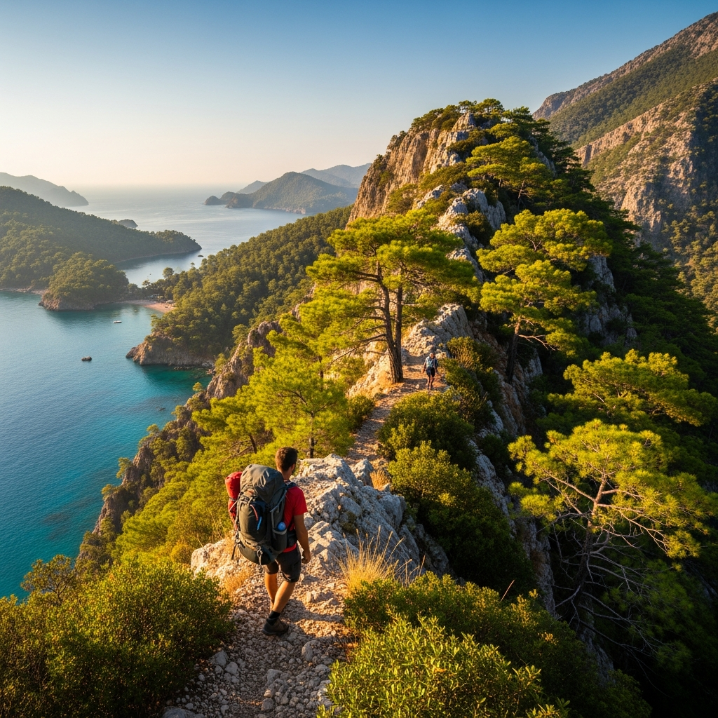 Sarp kayalıkların üstündeki dar orman patikasında denize (Ölüdeniz) karşı yürüyen sırt çantalı gezgin
