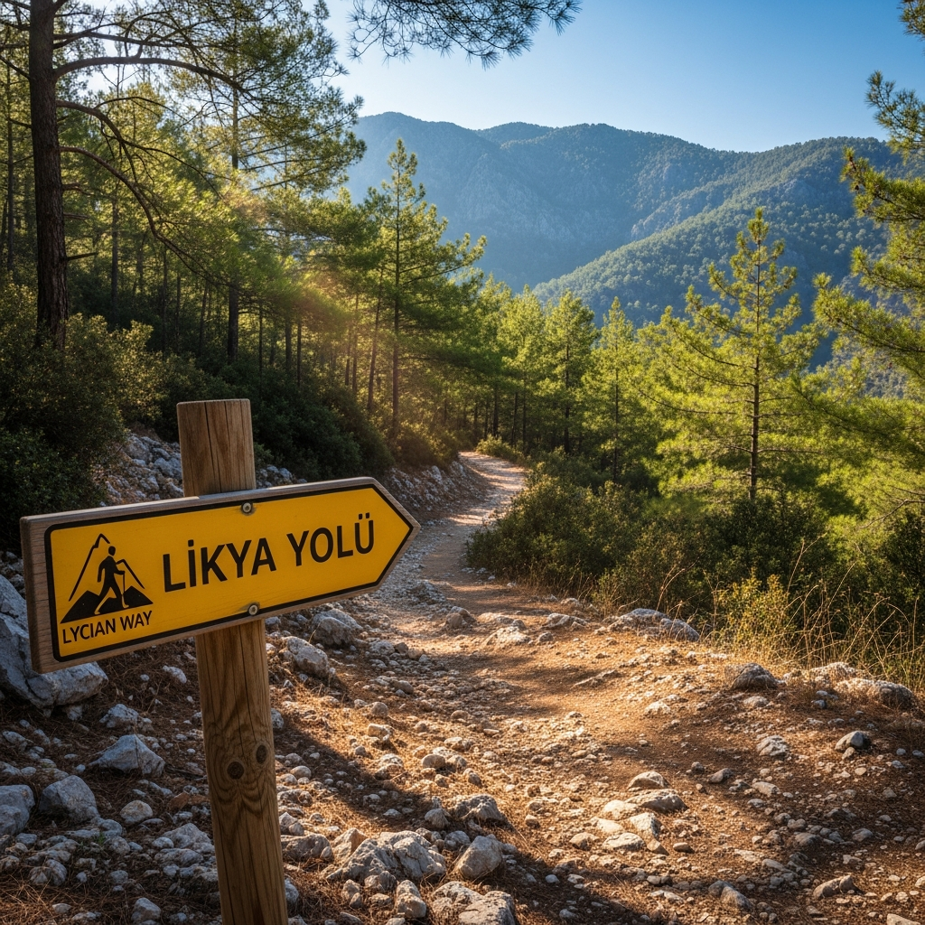Ovacık dağlarında Likya yolu ahşap sarı tabelası ve ormana dalan patika